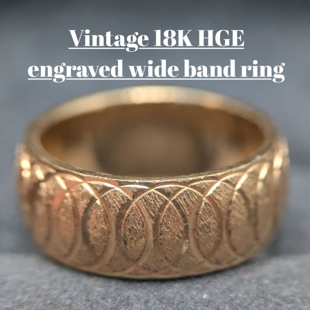 18 K HGE ヴィンテージ調 幅広甲丸 彫金バンドリング ゴールド ユニセックス 11号 9.2 g 18金 レトロ彫金