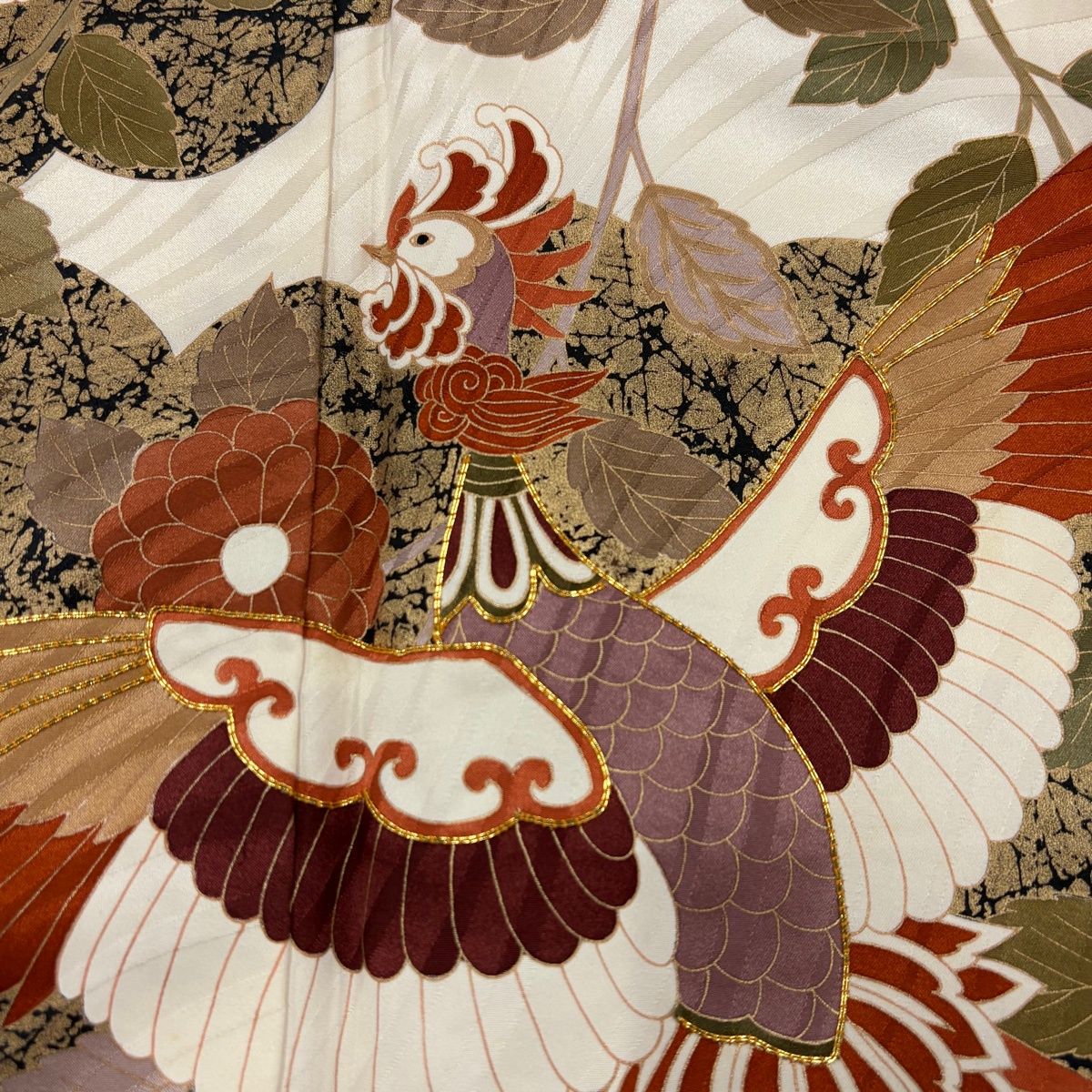 振袖 身丈164cm 裄丈68cm L 袷 鳳凰 草花 金糸 金彩 クリーム 正絹 秀