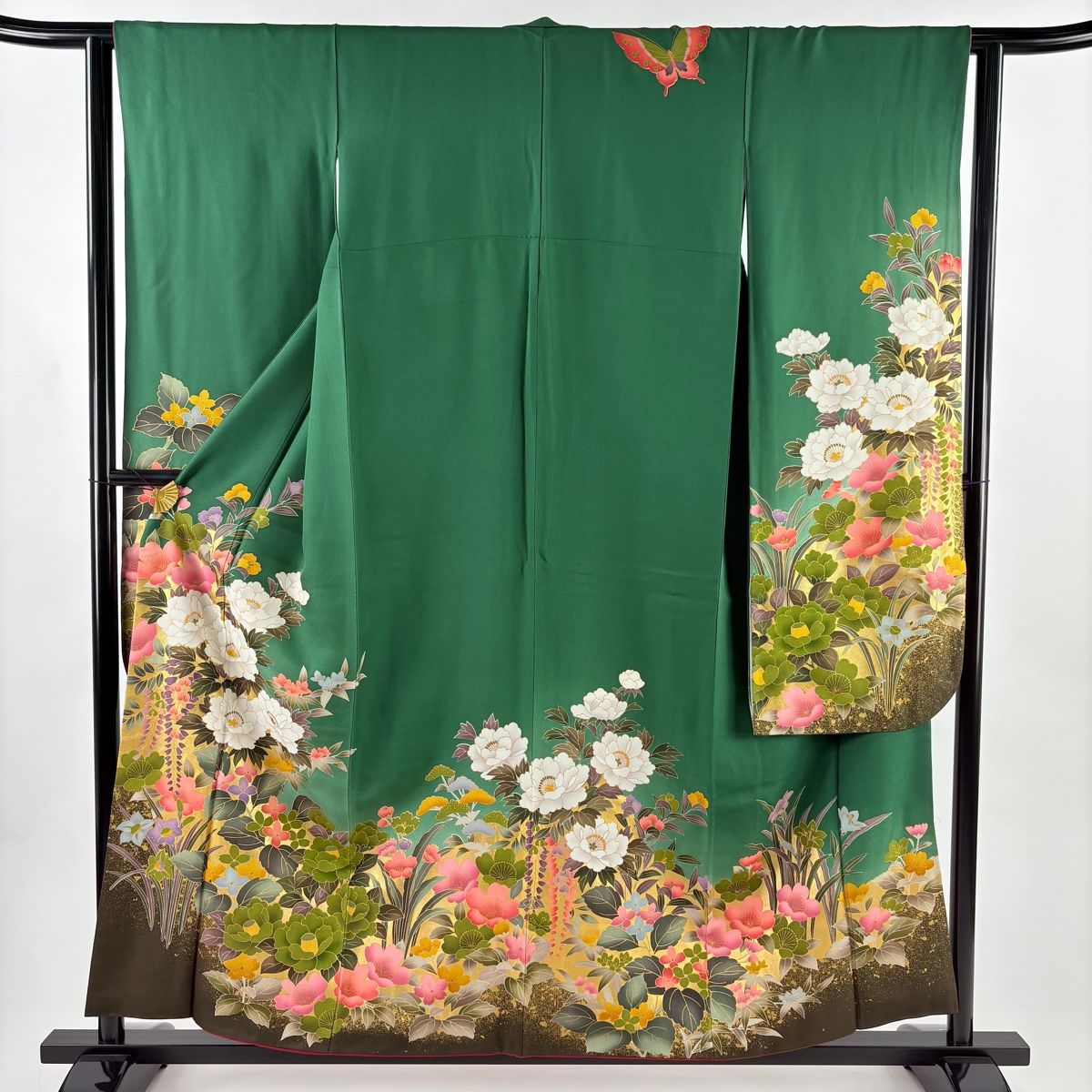振袖 身丈157.5cm 裄丈62.5cm S 袷 牡丹 椿 金彩 ぼかし 緑 正絹 秀品