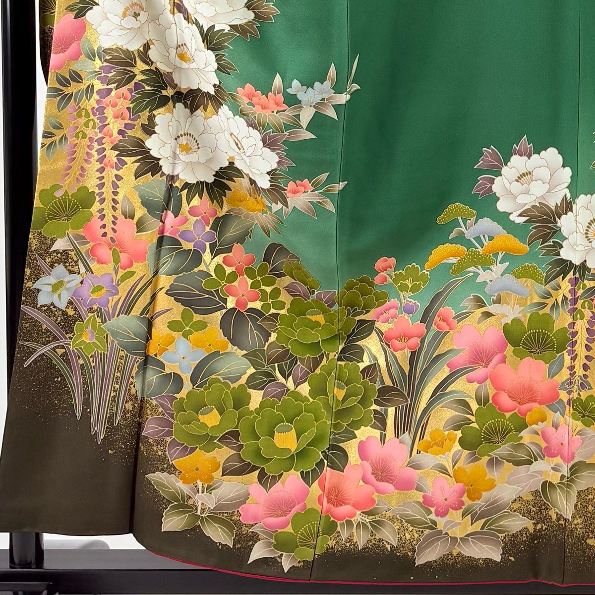 振袖 身丈157.5cm 裄丈62.5cm S 袷 牡丹 椿 金彩 ぼかし 緑 正絹 秀品