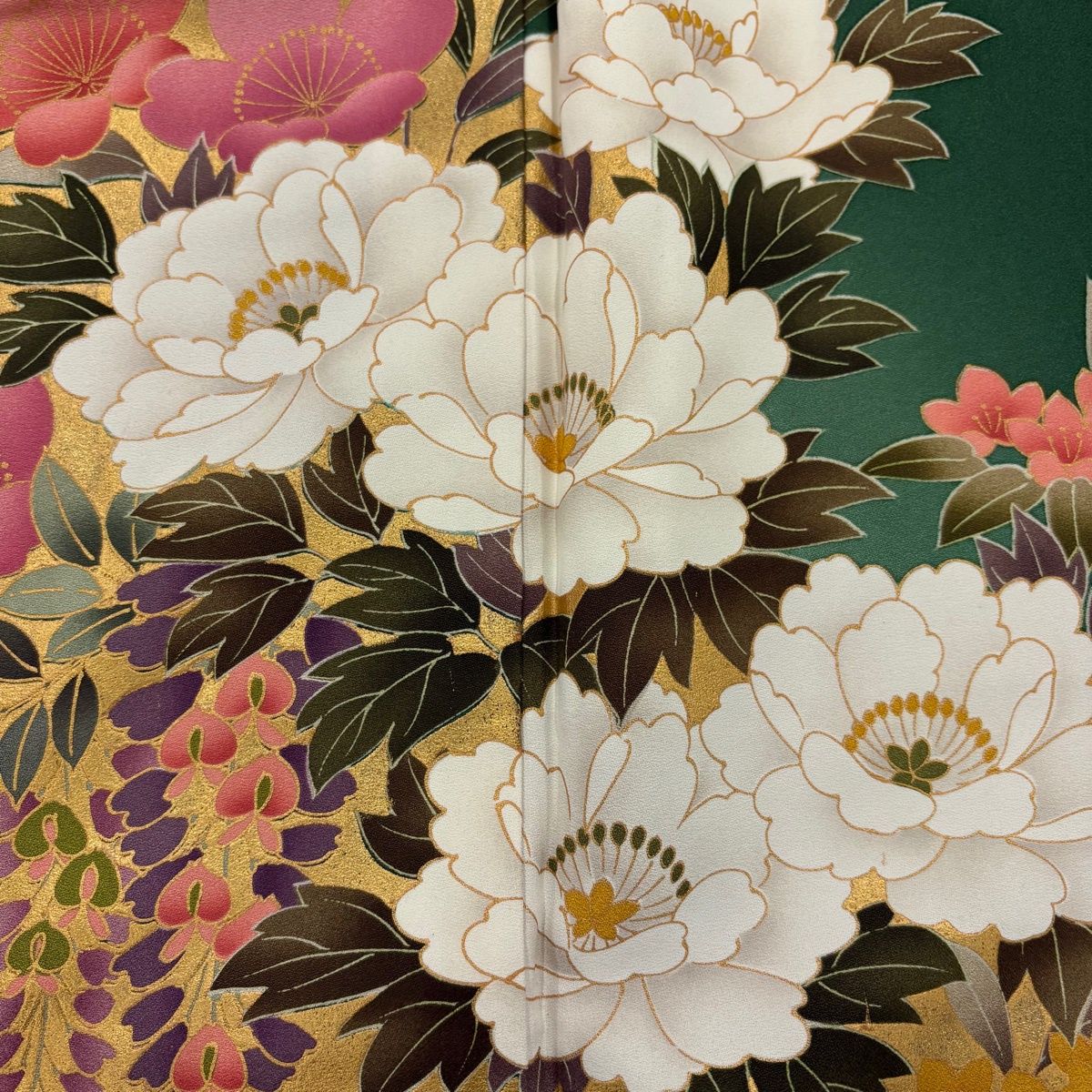 振袖 身丈157.5cm 裄丈62.5cm S 袷 牡丹 椿 金彩 ぼかし 緑 正絹 秀品