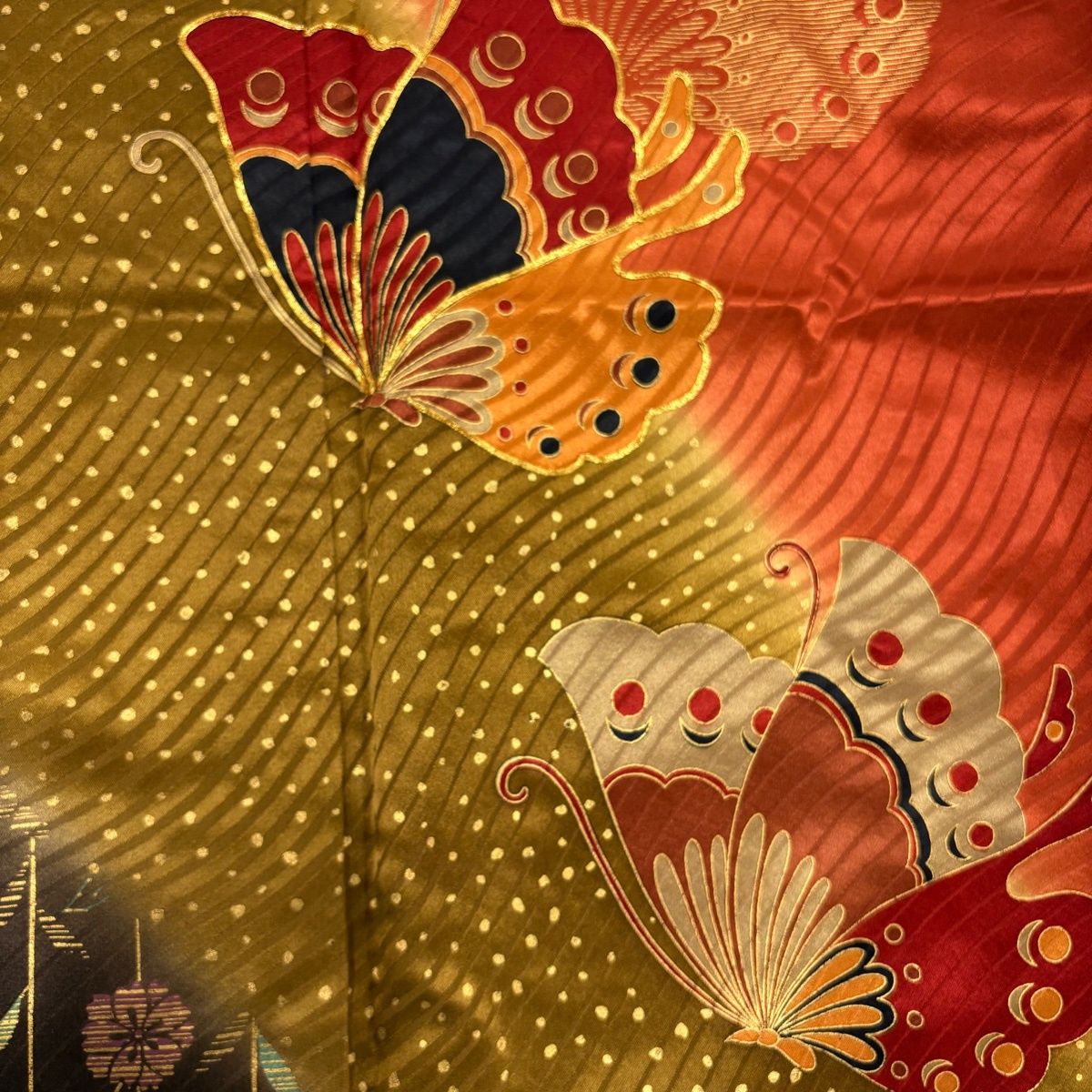 振袖 身丈171cm 裄丈65.5cm M 袷 蝶 枝垂れ桜 金糸 金彩 赤茶 正絹 秀