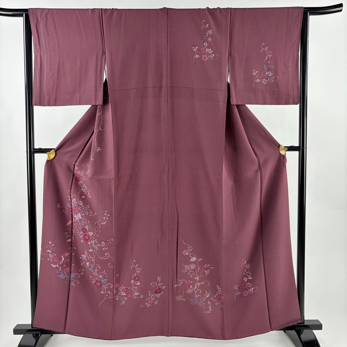 美品】 訪問着 身丈162cm 裄丈64cm M 袷 花唐草 鳥 刺繍 紫 正絹 秀品