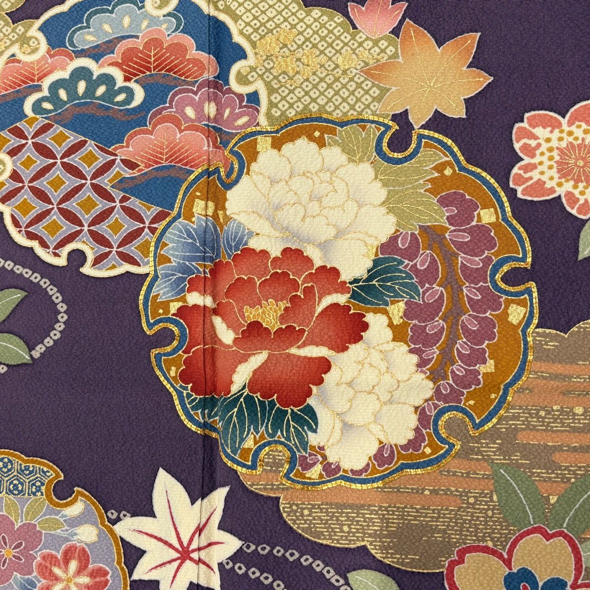 振袖 身丈160cm 裄丈67.5cm L 袷 柳工房 落款 雪輪 草花 金糸 金彩 紫