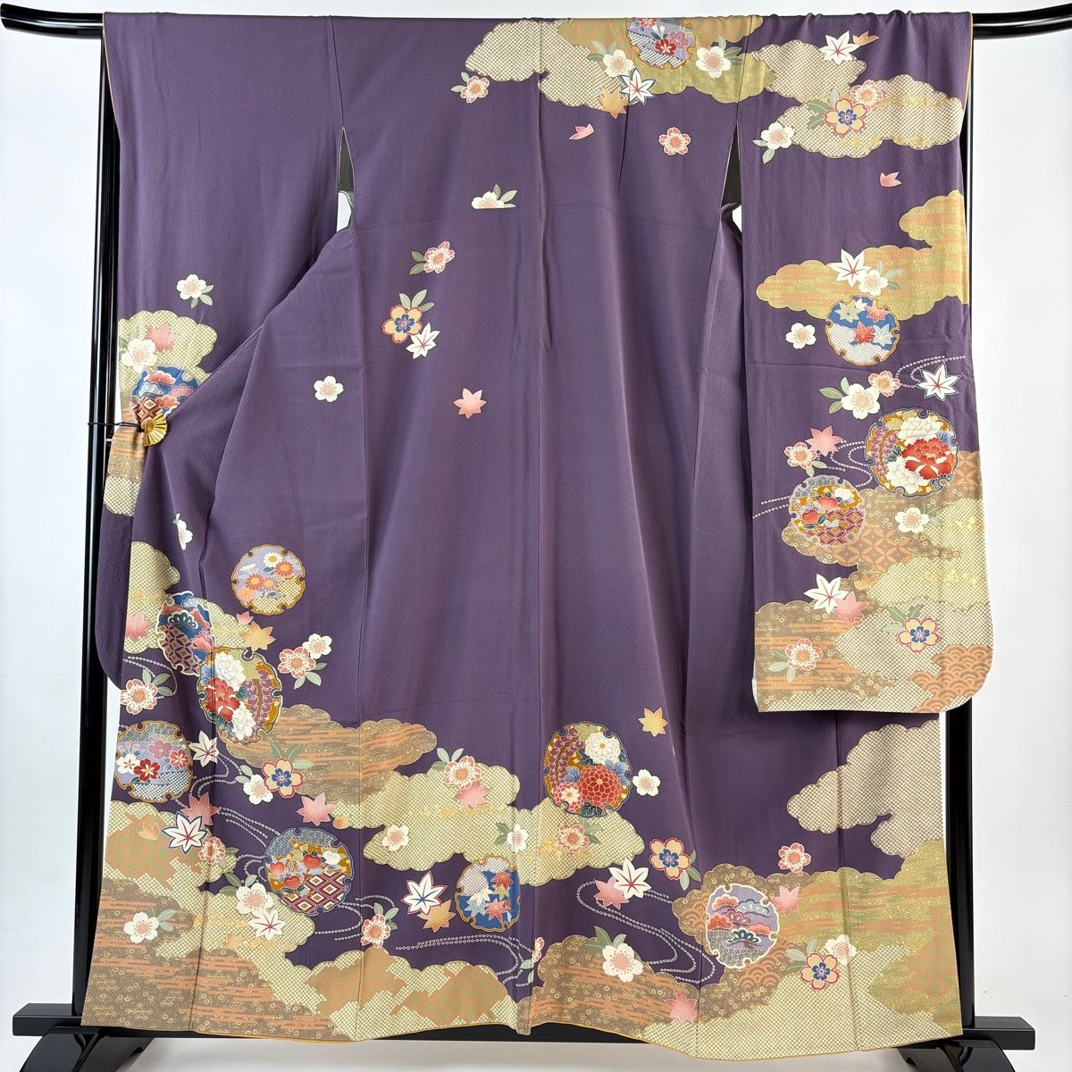 振袖 身丈160cm 裄丈67.5cm L 袷 柳工房 落款 雪輪 草花 金糸 金彩 紫