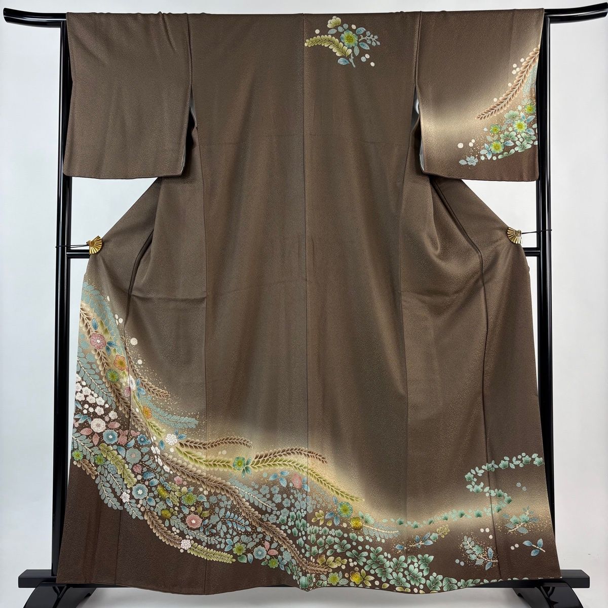 美品】 訪問着 身丈160.5cm 裄丈67cm M 袷 辻が花柄 金彩 ぼかし 茶色