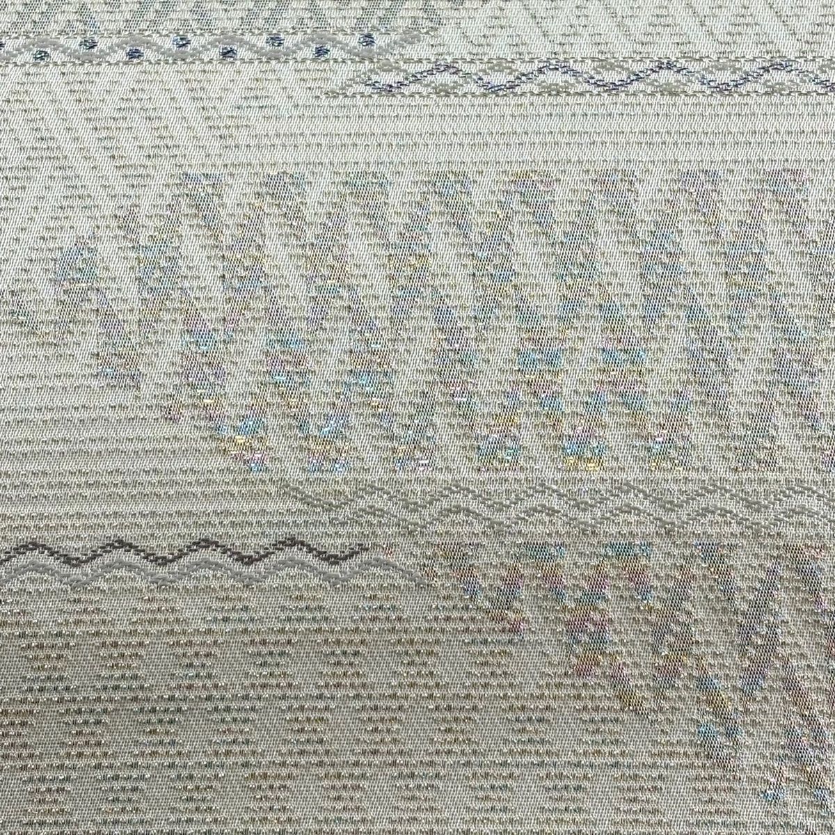 袋帯 共 き 幾何学模様 銀糸 箔 クリーム 六通 正絹