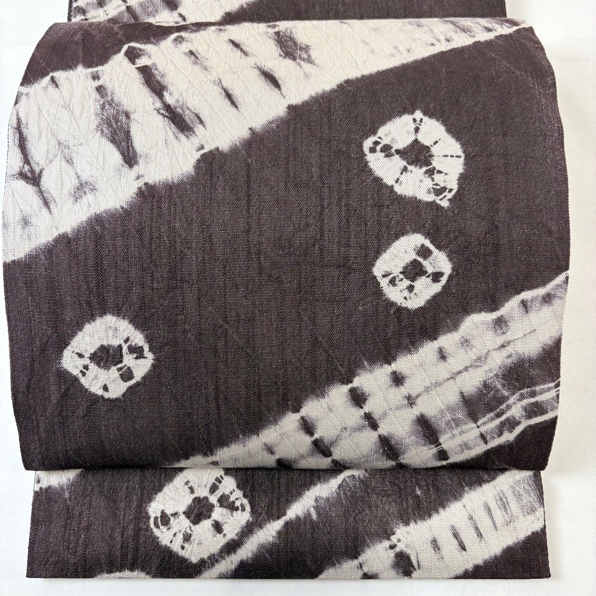 袋帯 幾何学模様 茶紫 全通 正絹