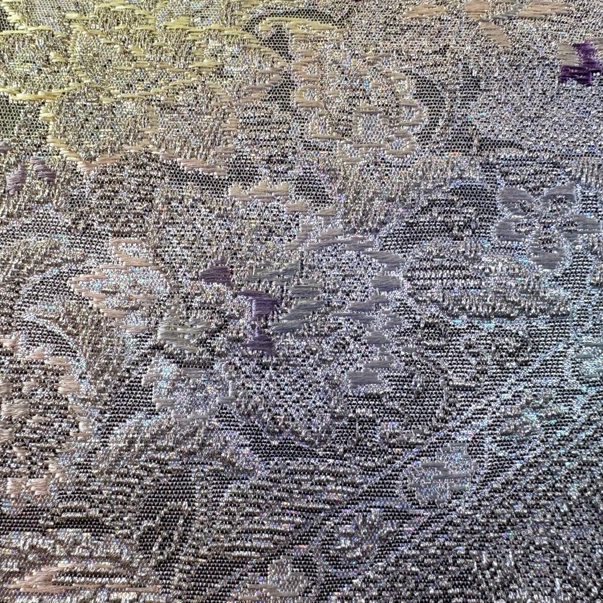 袋帯 金華山織 草花 斜縞 銀糸 箔 灰紫 六通 正絹