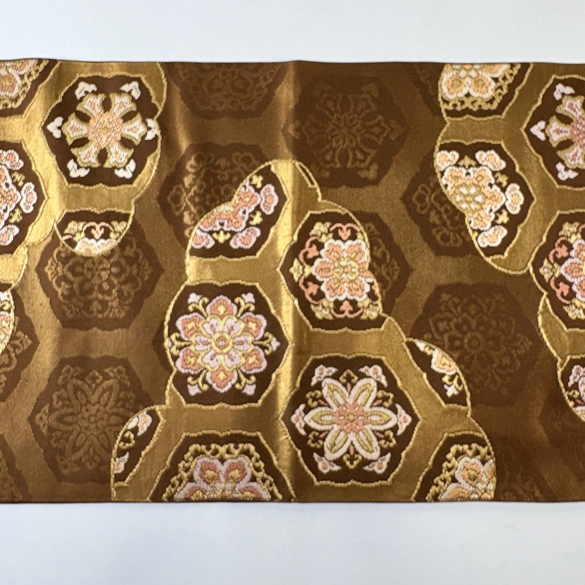 美品】 袋帯 名品 川島織物 落款 華文 雲文 金糸 箔 茶色 六通 正絹