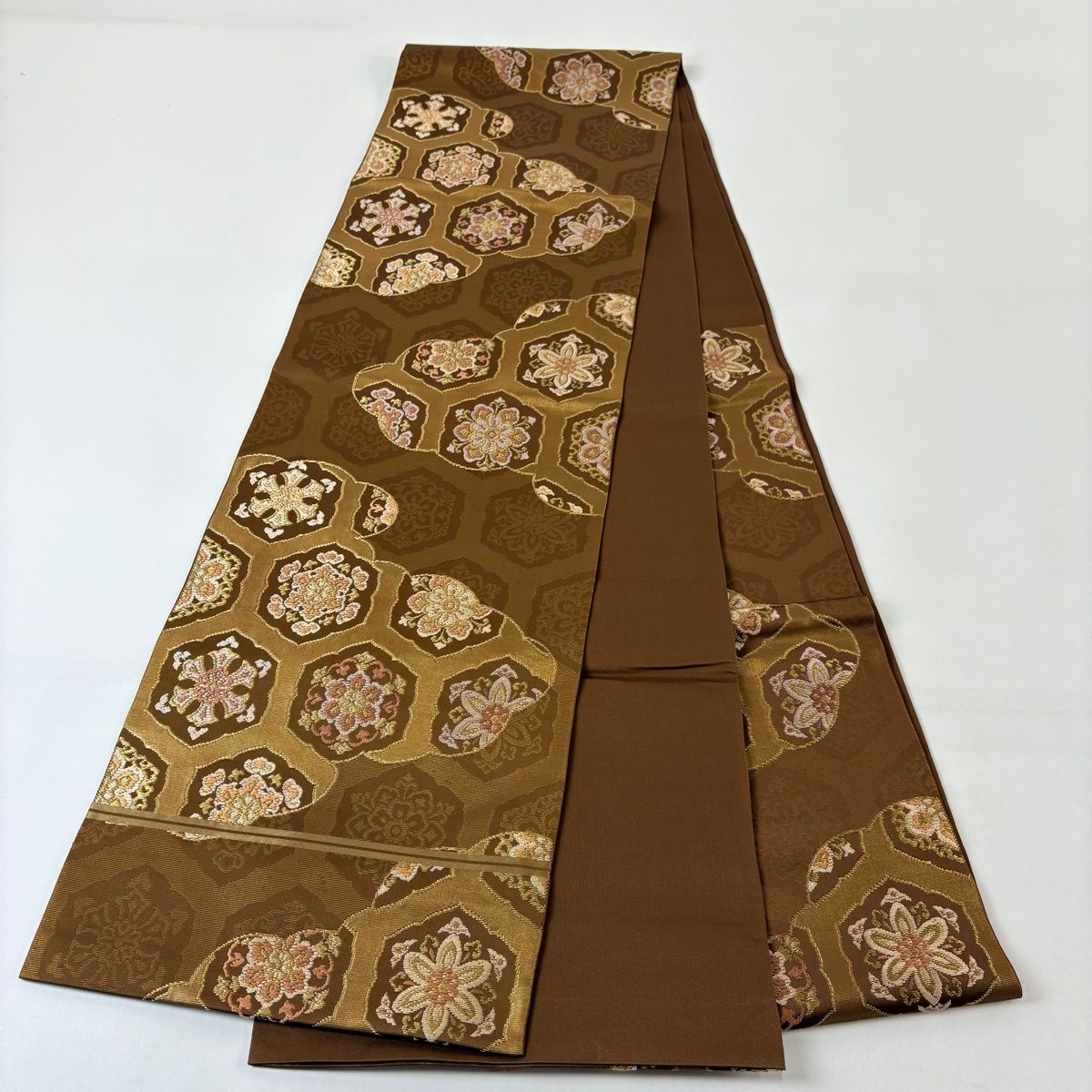 美品】 袋帯 名品 川島織物 落款 華文 雲文 金糸 箔 茶色 六通 正絹