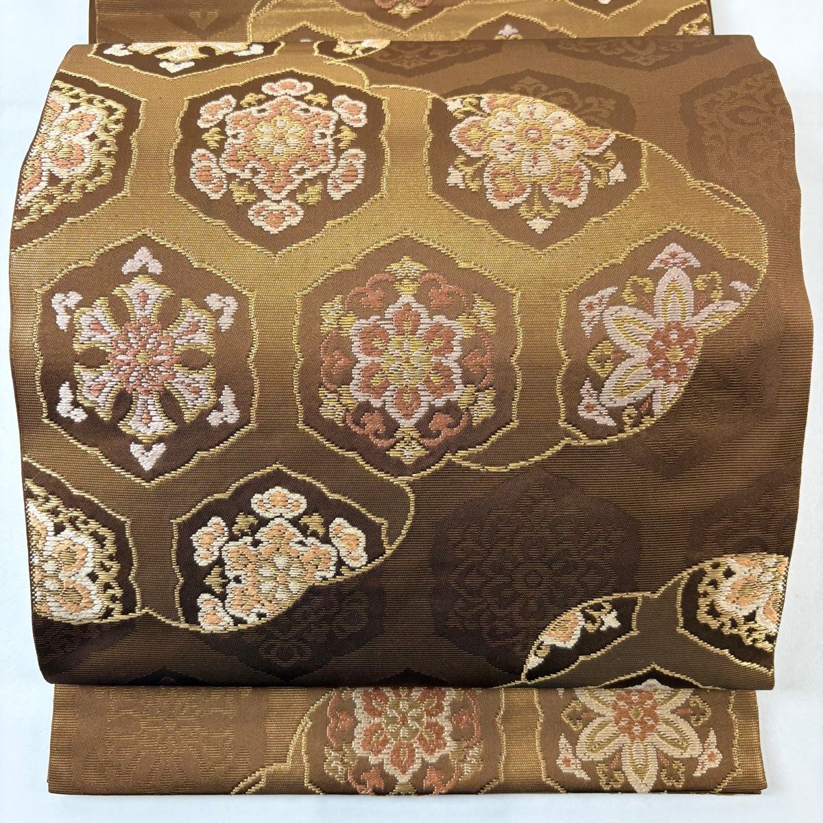 袋帯 川島織物 落款 華文 雲文 金糸 箔 茶色 六通 正絹