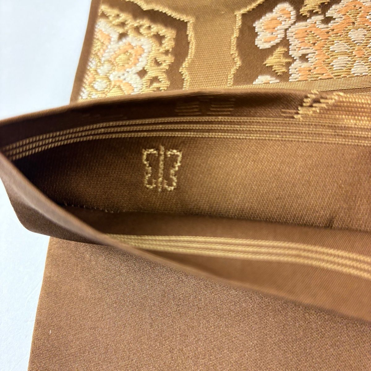 美品】 袋帯 名品 川島織物 落款 華文 雲文 金糸 箔 茶色 六通 正絹