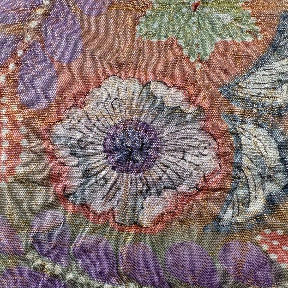 袋帯 落款 桜 葉柄 箔 銀糸 鶯色 お太鼓柄 正絹