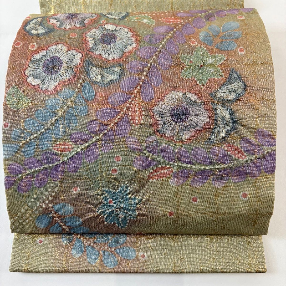 袋帯 落款 桜 葉柄 箔 銀糸 鶯色 お太鼓柄 正絹