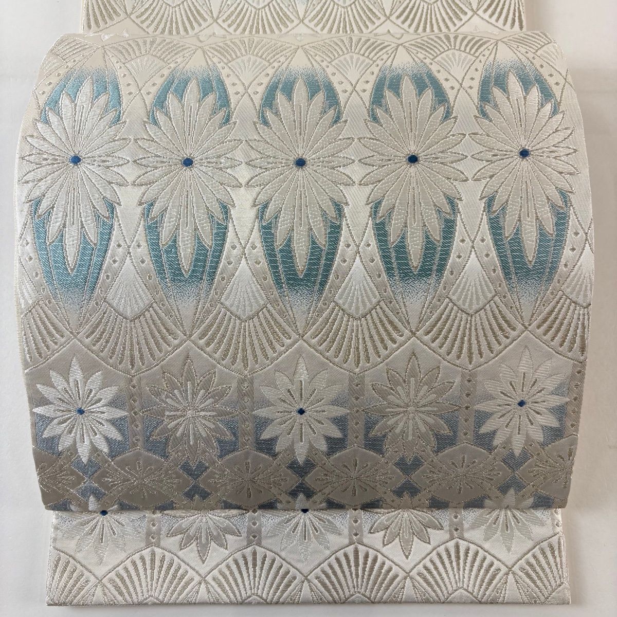 袋帯 花 若松 銀糸 箔 銀色 六通 正絹