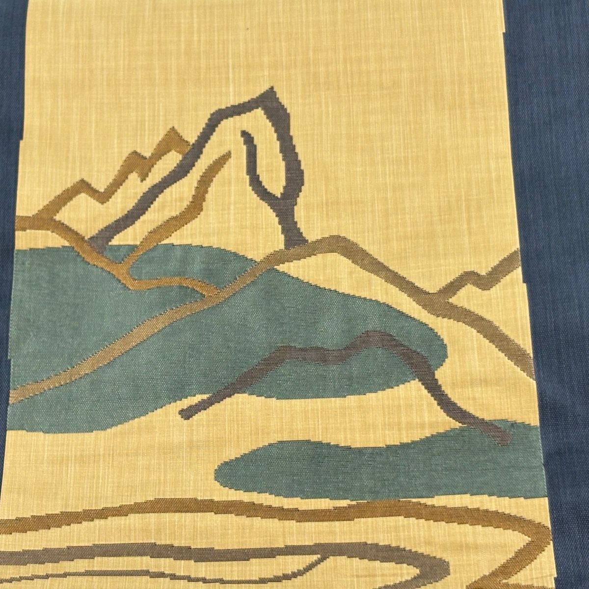 袋帯 木屋太 落款 紬地 山並み 流水 紺色 六通 正絹