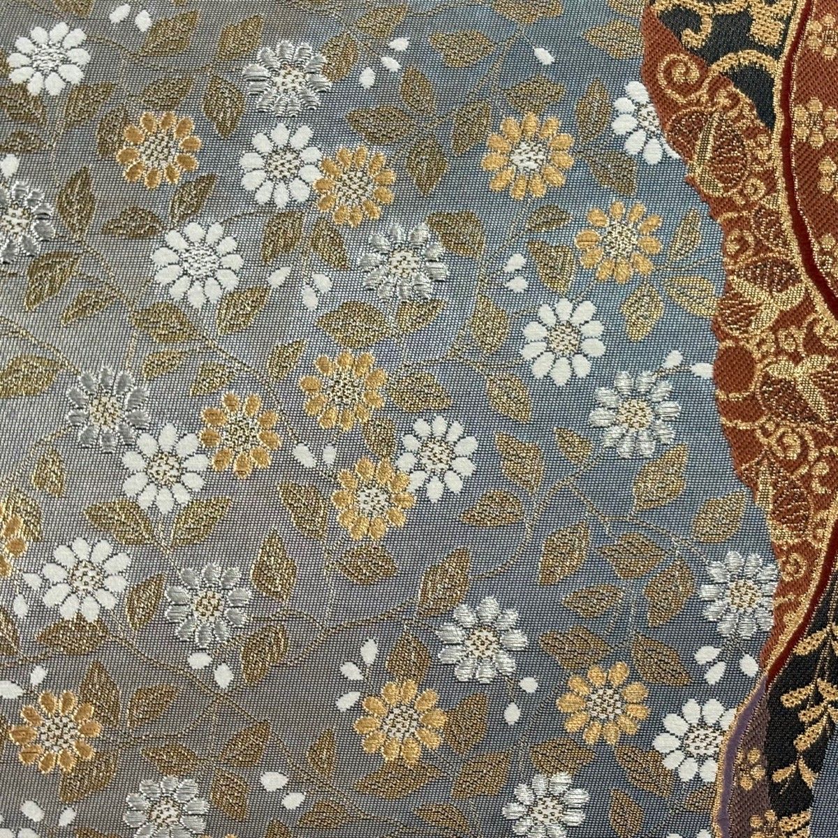 袋帯 草花 金銀糸 箔 青灰色 六通 正絹