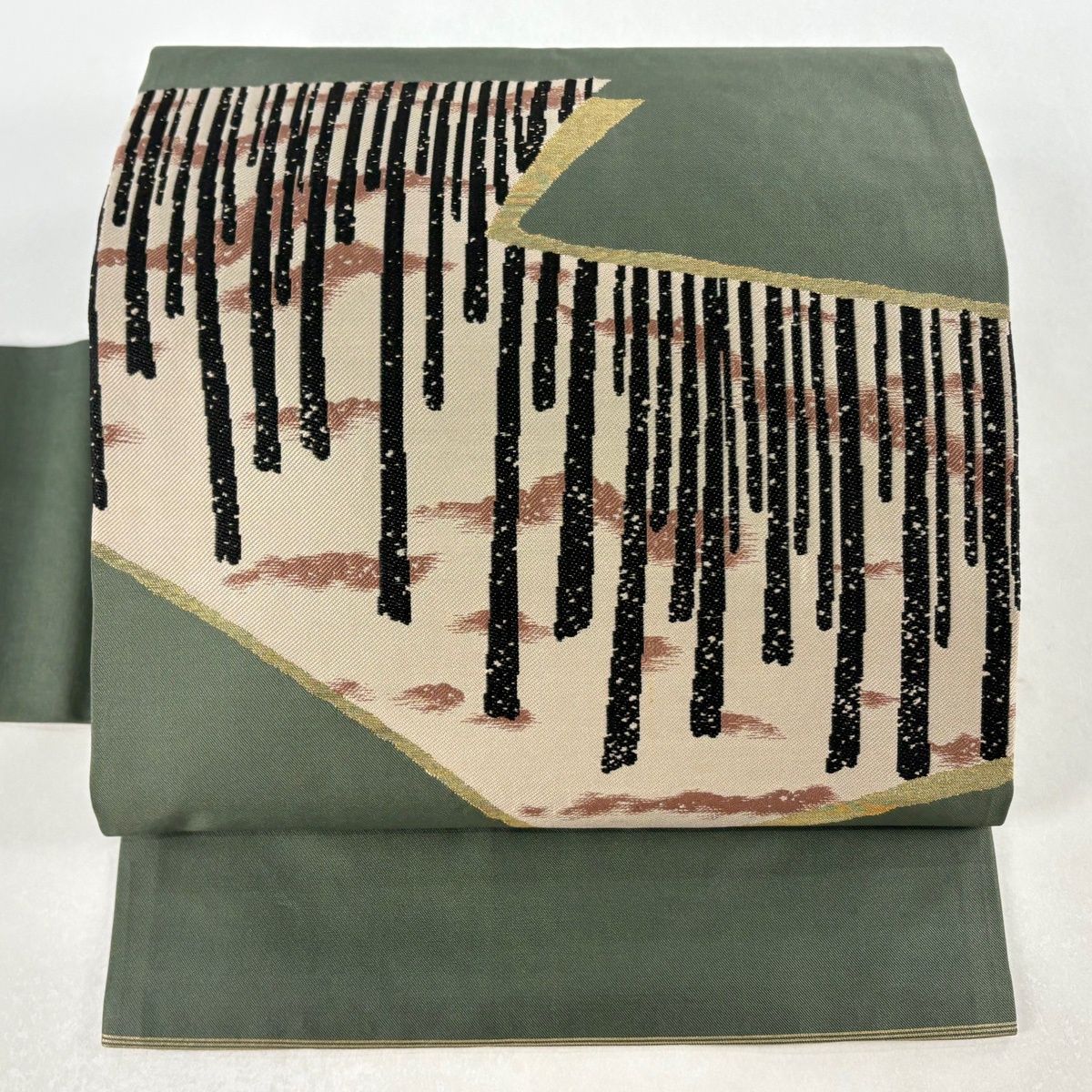 名古屋帯 名品 川島織物 落款 関西仕立て 幾何学模様 灰緑 正絹 【中古