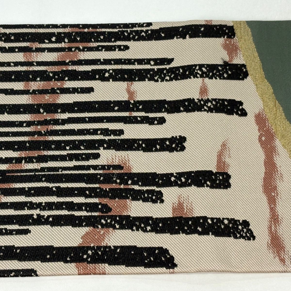 名古屋帯 名品 川島織物 落款 関西仕立て 幾何学模様 灰緑 正絹 【中古