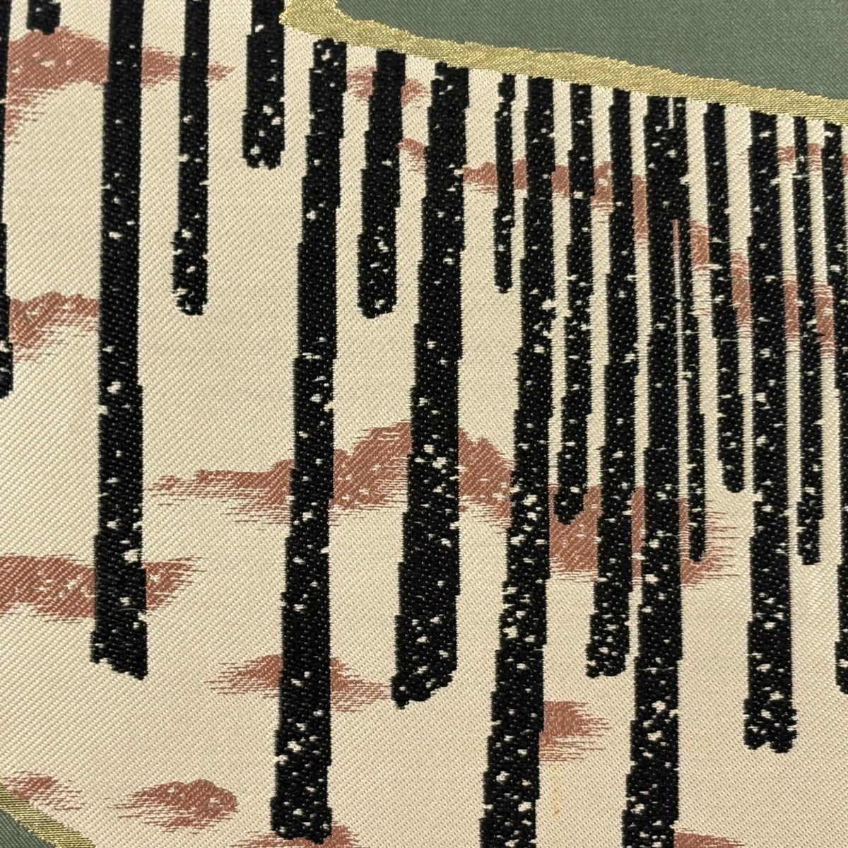 名古屋帯 名品 川島織物 落款 関西仕立て 幾何学模様 灰緑 正絹 【中古