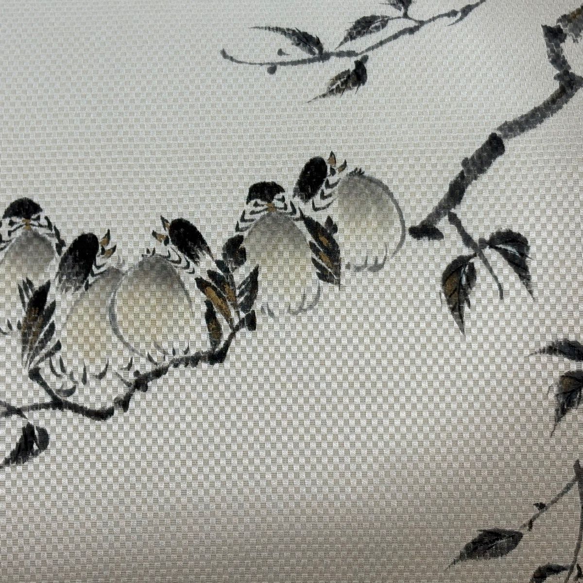 名古屋帯 落款 鳥 枝葉 金糸 ベージュ 正絹