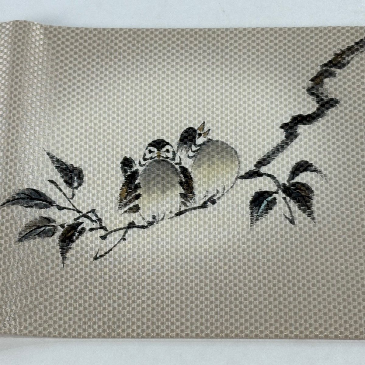  名古屋帯 落款 鳥 枝葉 金糸 ベージュ 正絹 名古屋帯 帯
