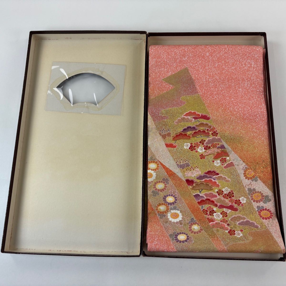 袋帯 松井青々 落款 共 菊唐草 松梅 金糸 金銀彩 オレンジ お太鼓柄 正絹