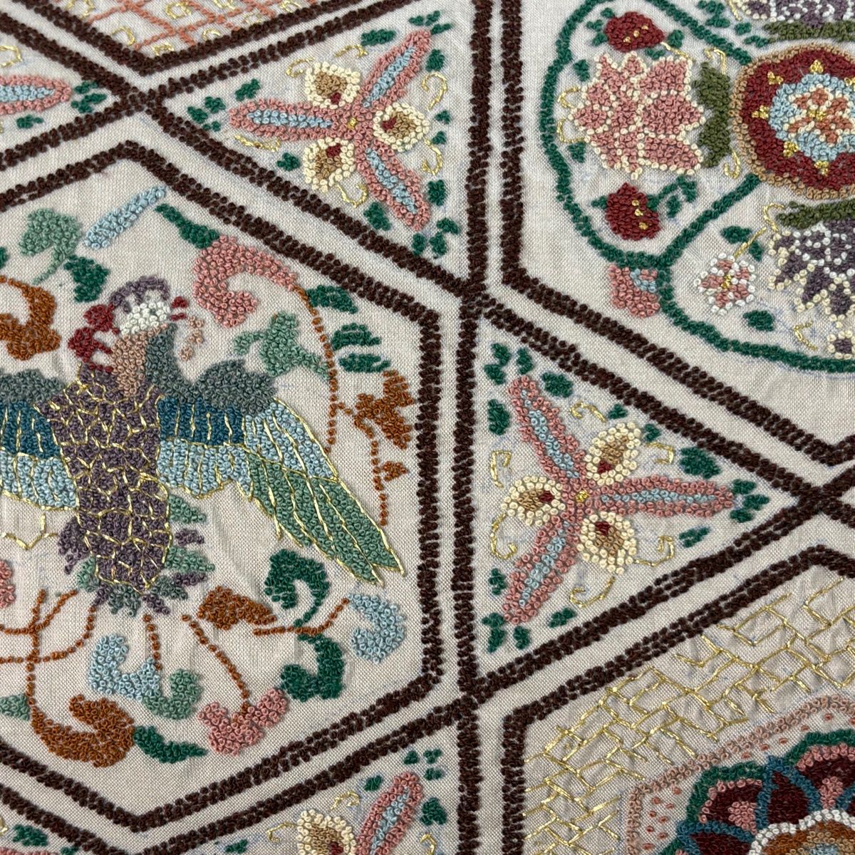 袋帯 華文 鳥 刺繍 金糸 小豆色 お太鼓柄 正絹