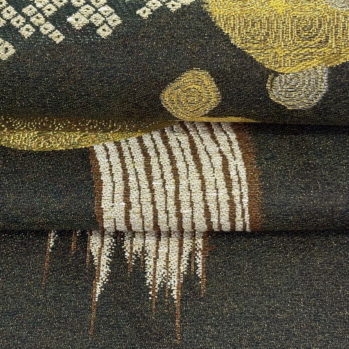 袋帯 逸品 誉田屋源兵衛 落款 幾何学 金糸 箔 茶緑色 お太鼓柄 正絹