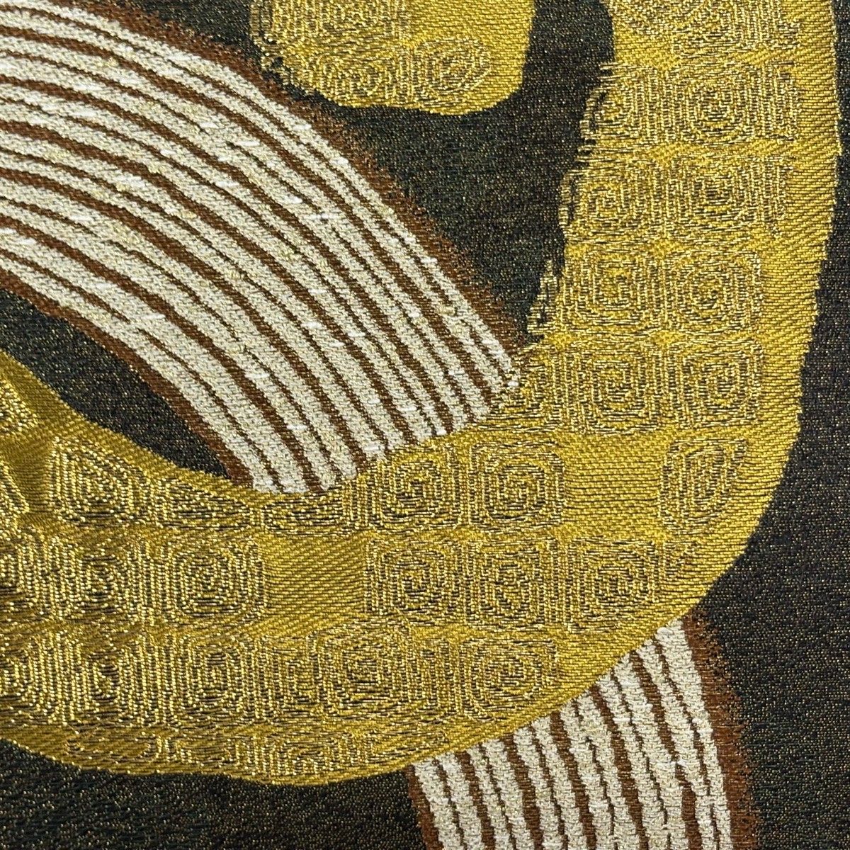 袋帯 逸品 誉田屋源兵衛 落款 幾何学 金糸 箔 茶緑色 お太鼓柄 正絹