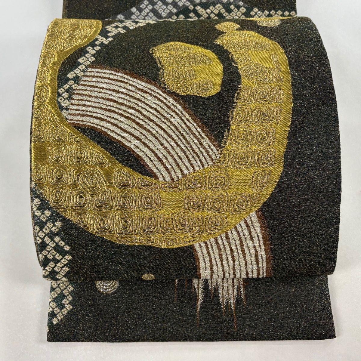 袋帯 逸品 誉田屋源兵衛 落款 幾何学 金糸 箔 茶緑色 お太鼓柄 正絹