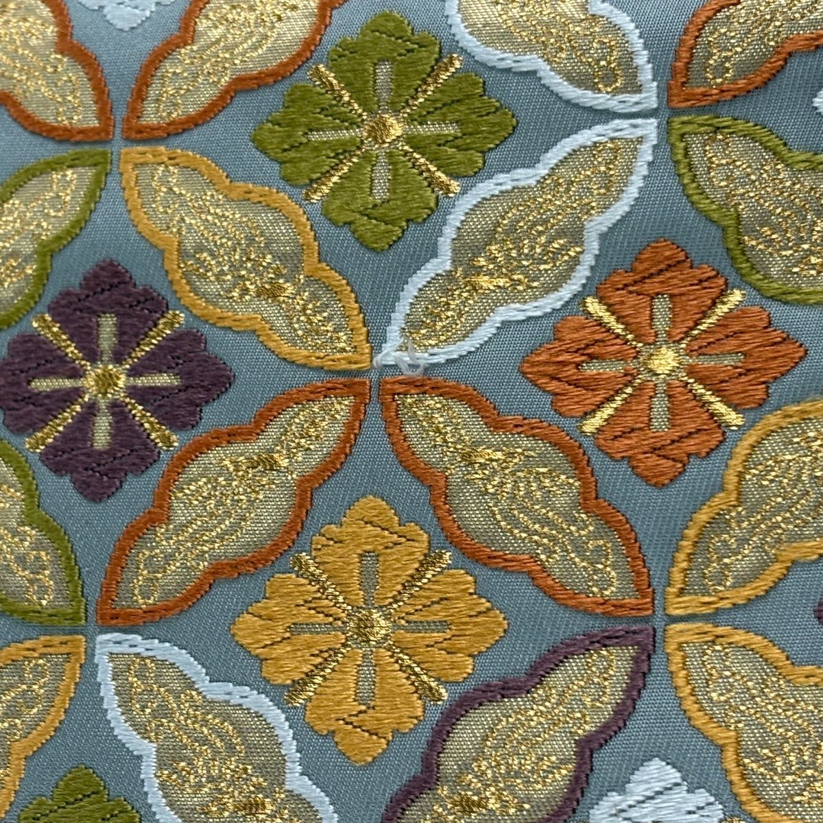 袋帯 逸品 河合美術織物 落款 関西仕立て 花菱七宝 金糸 箔 灰緑 六通