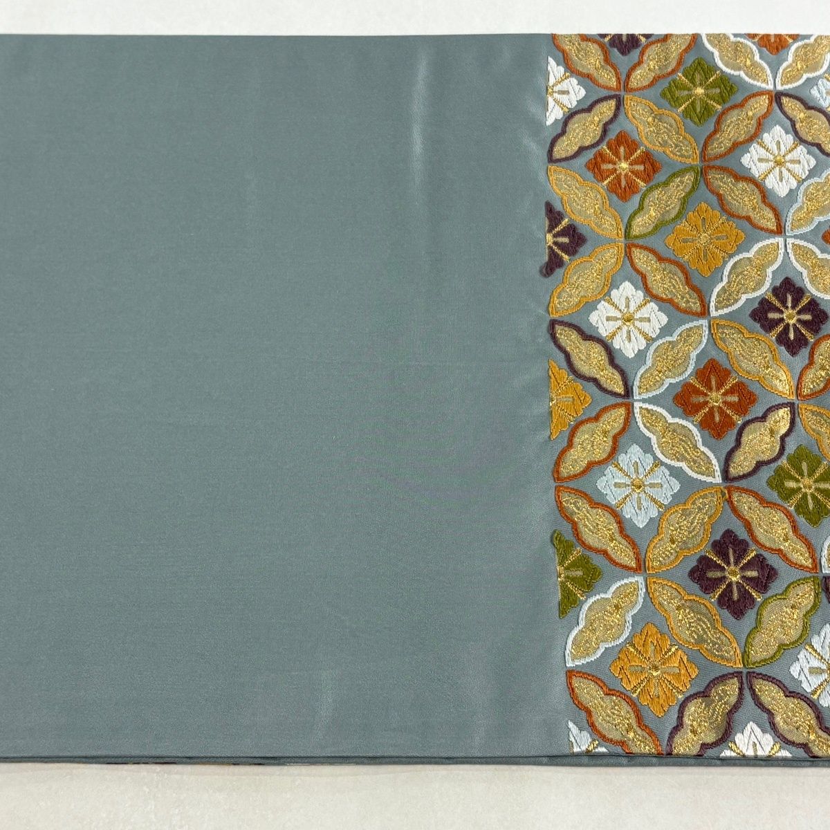 袋帯 逸品 河合美術織物 落款 関西仕立て 花菱七宝 金糸 箔 灰緑 六通