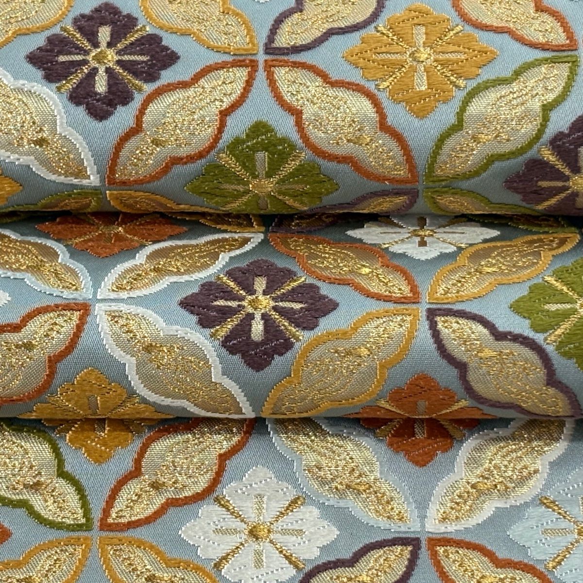 袋帯 逸品 河合美術織物 落款 関西仕立て 花菱七宝 金糸 箔 灰緑 六通