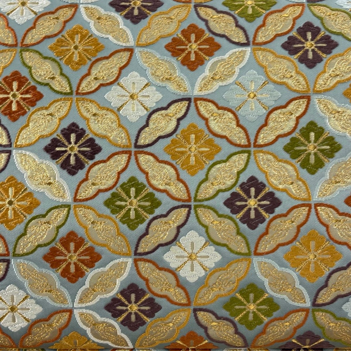 袋帯 河合美術織物 落款 関西仕立て 花菱七宝 金糸 箔 灰緑 六通 正絹