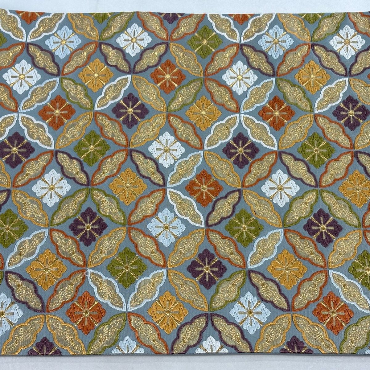 袋帯 逸品 河合美術織物 落款 関西仕立て 花菱七宝 金糸 箔 灰緑 六通