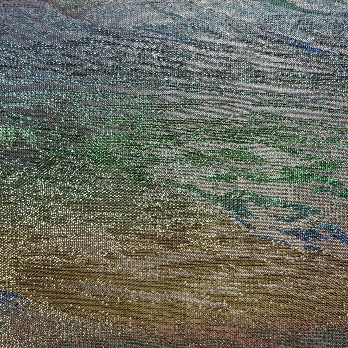 袋帯 落款 関西仕立て 新佐波理 北アルプス文 箔 銀糸 緑 六通 正絹