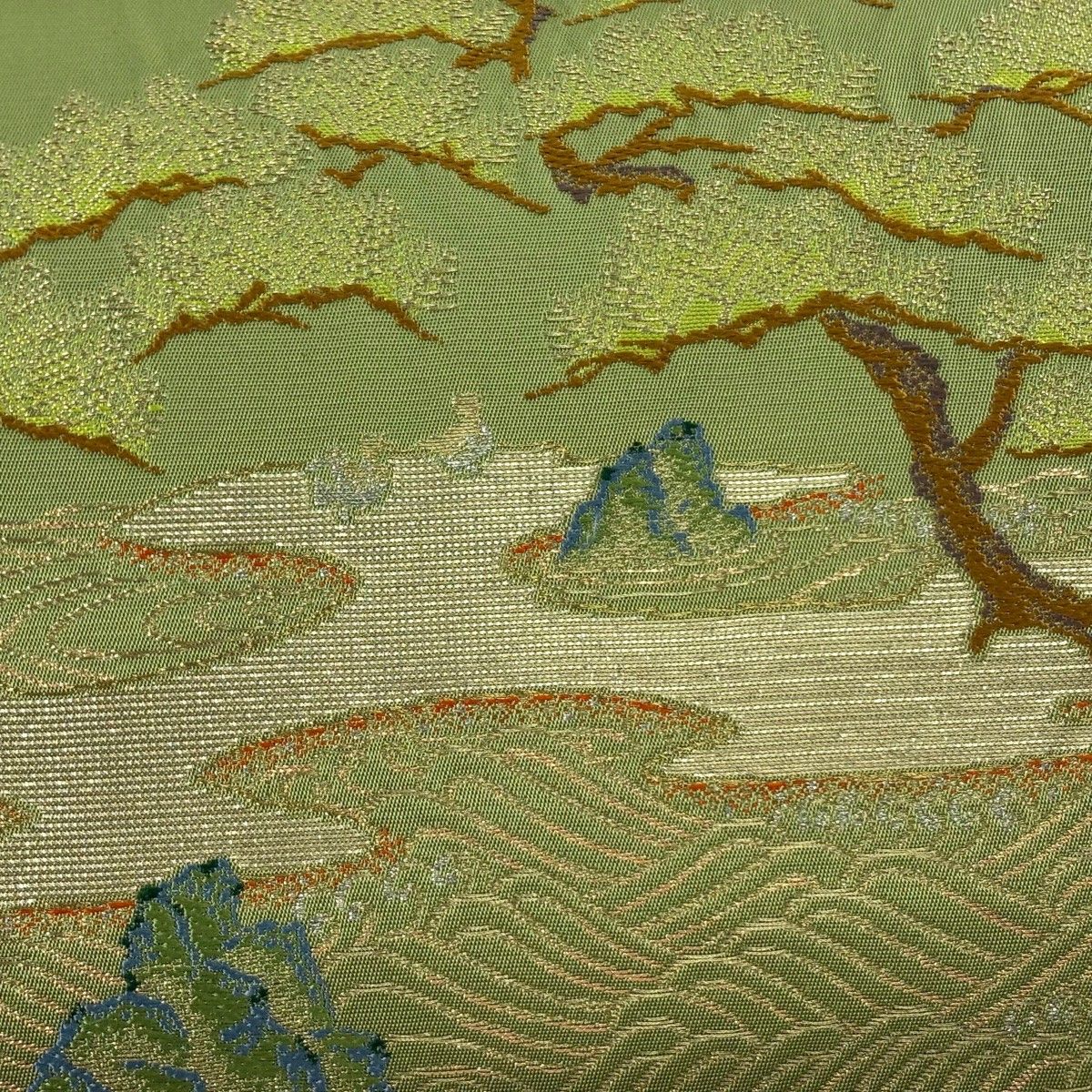 袋帯 龍村美術織物 落款 たつむら 松 波 金銀糸 よもぎ色 お太鼓柄 正絹