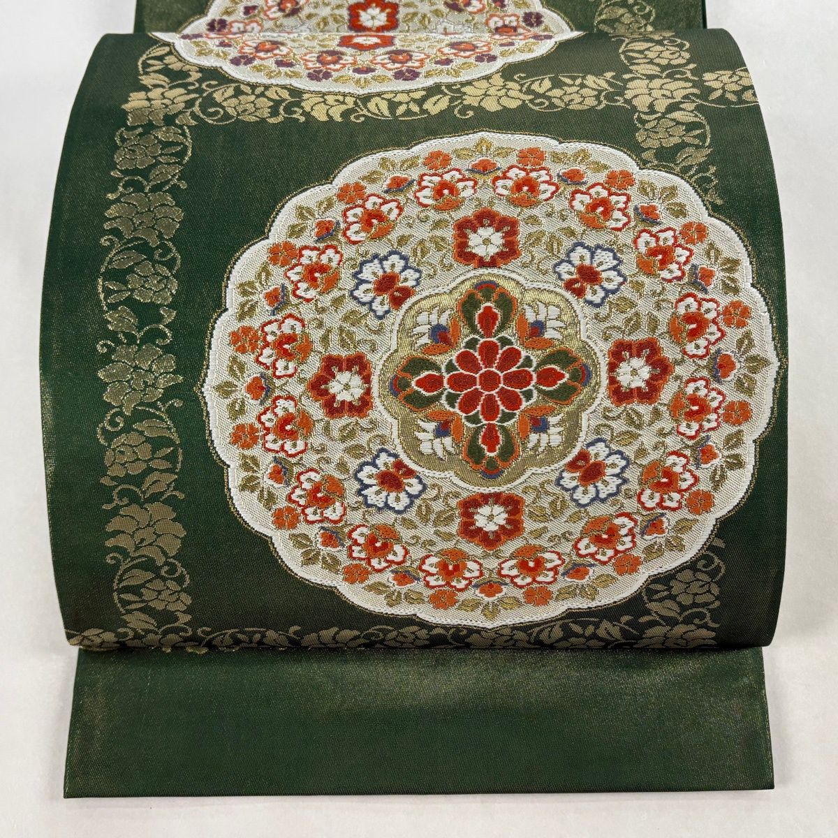 袋帯 逸品 河村織物 落款 上代彩華文 金糸 箔 深緑 六通 正絹 【中古