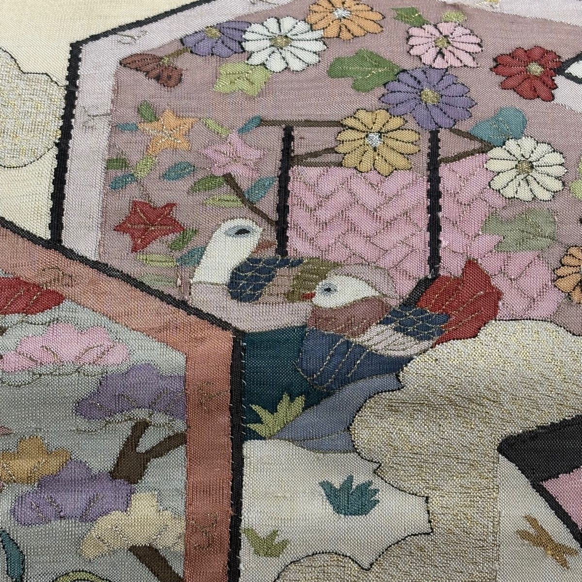 袋帯 屏風 花鳥 金銀糸 箔 クリーム お太鼓柄 正絹