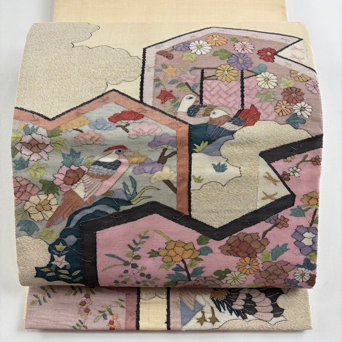 袋帯 屏風 花鳥 金銀糸 箔 クリーム お太鼓柄 正絹