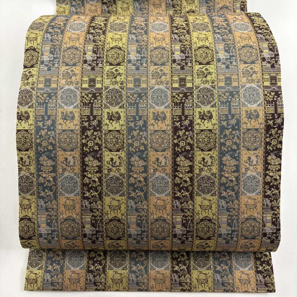 開き名古屋帯 龍村美術織物 証紙 比翼仕立て 紅牙瑞錦 銀糸 灰茶 正絹