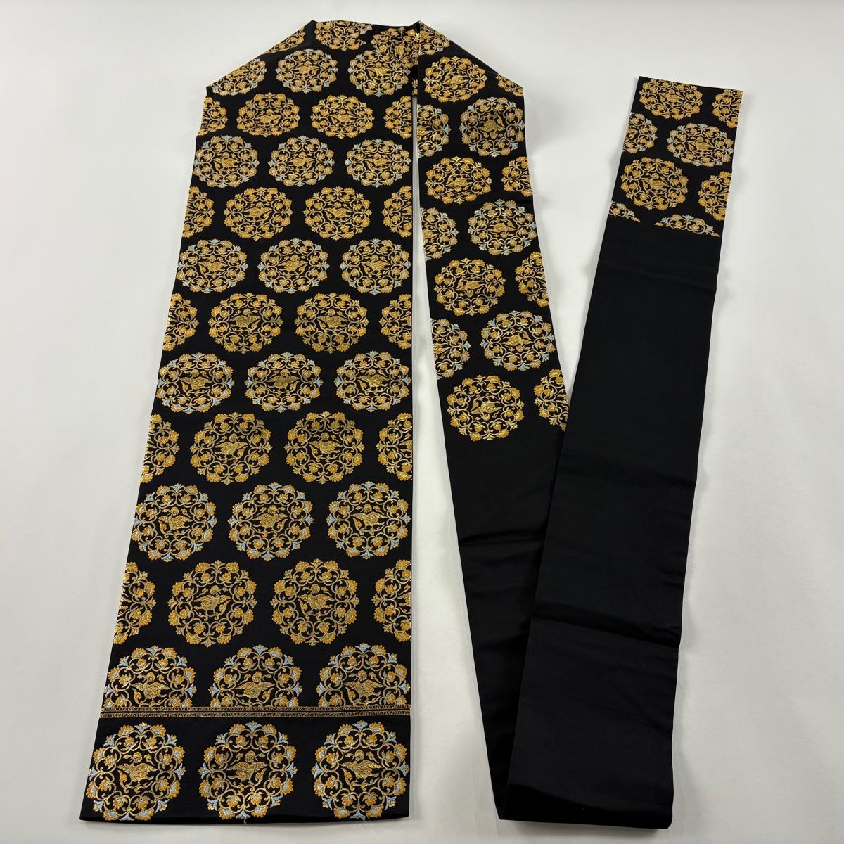 名古屋帯 逸品 龍村美術織物 落款 天平鳥華文 金糸 箔 黒 正絹 【中古