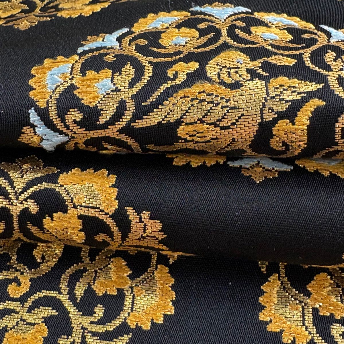 名古屋帯 逸品 龍村美術織物 落款 天平鳥華文 金糸 箔 黒 正絹 【中古