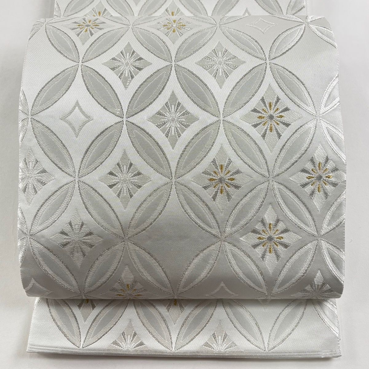 袋帯 川島織物 落款 関西仕立て 七宝 花菱 金銀糸 灰白 六通 正絹