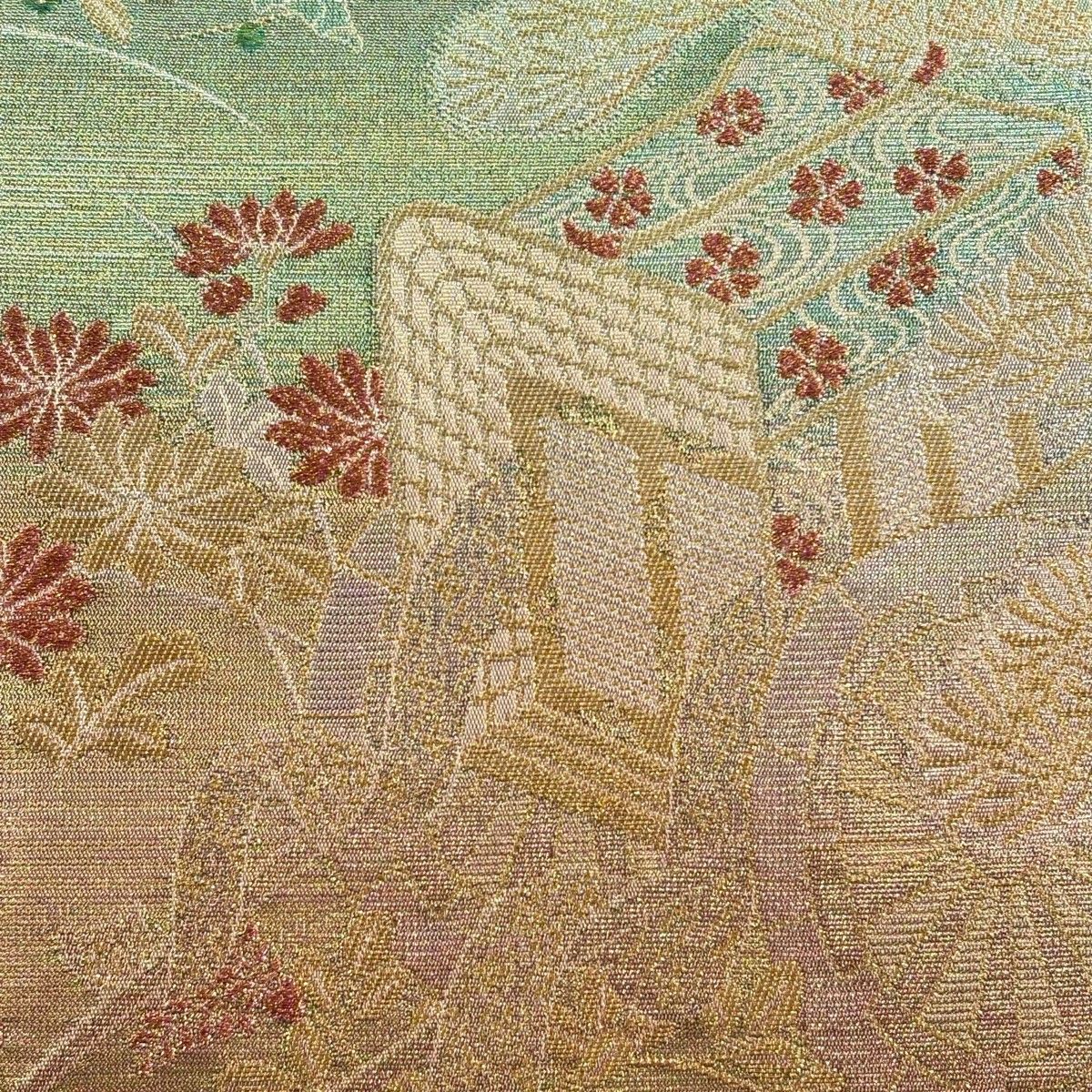 袋帯 佐波理 落款 千草御車美 御所車 松竹梅 金糸 箔 薄緑 六通 正絹