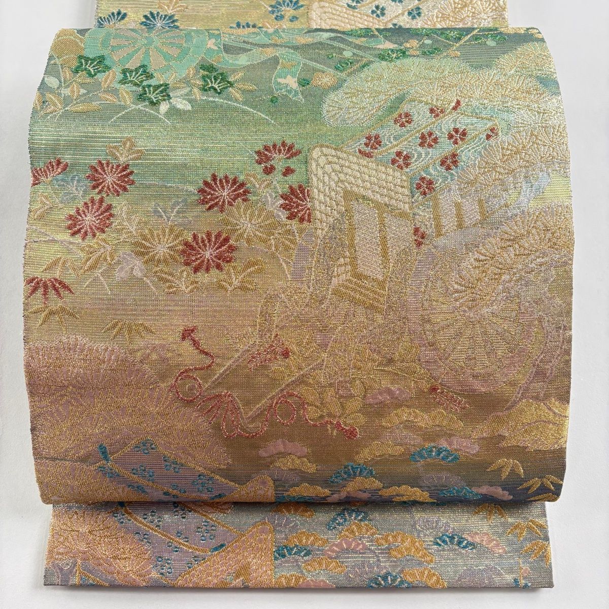 袋帯 佐波理 落款 千草御車美 御所車 松竹梅 金糸 箔 薄緑 六通 正絹