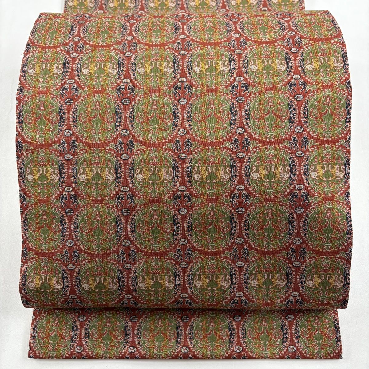 未使用品　和服帯　正絹　円文白虎朱雀錦　名古屋帯　龍村美術織物　早い者勝ち 美品】 開き名古屋帯 逸品 龍村美術織物 比翼仕立て 円文白虎朱雀錦 赤