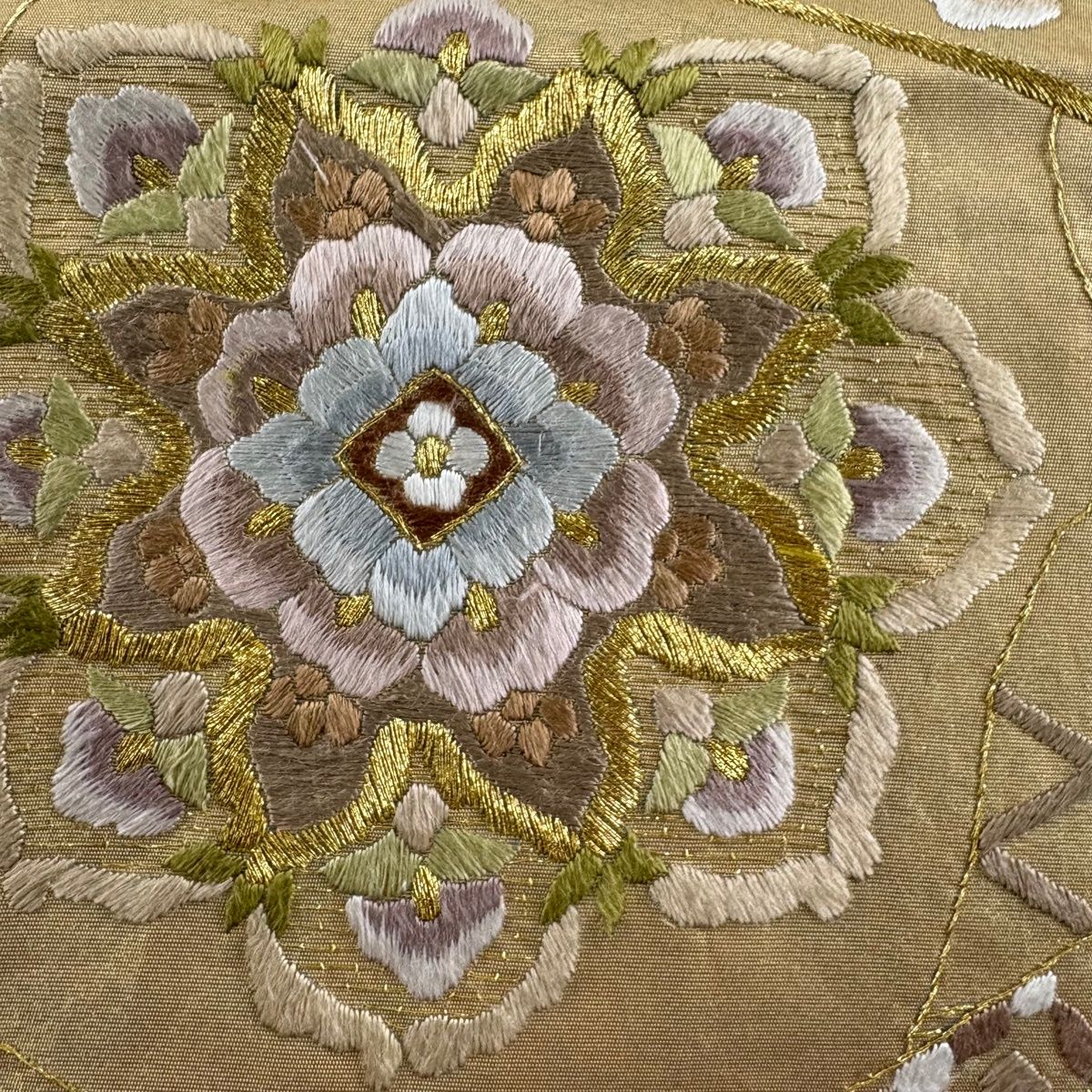 袋帯 華文 七宝 金糸 箔 金色 六通 正絹